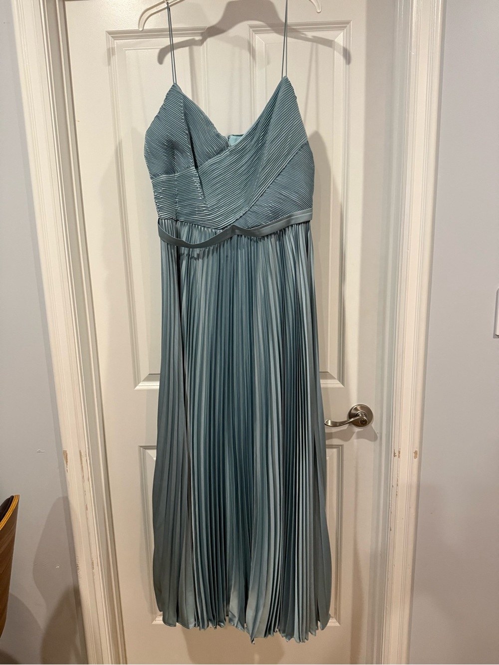 Dusty Blue Pleated Maxi Dress with V-Neck and Spaghetti Straps